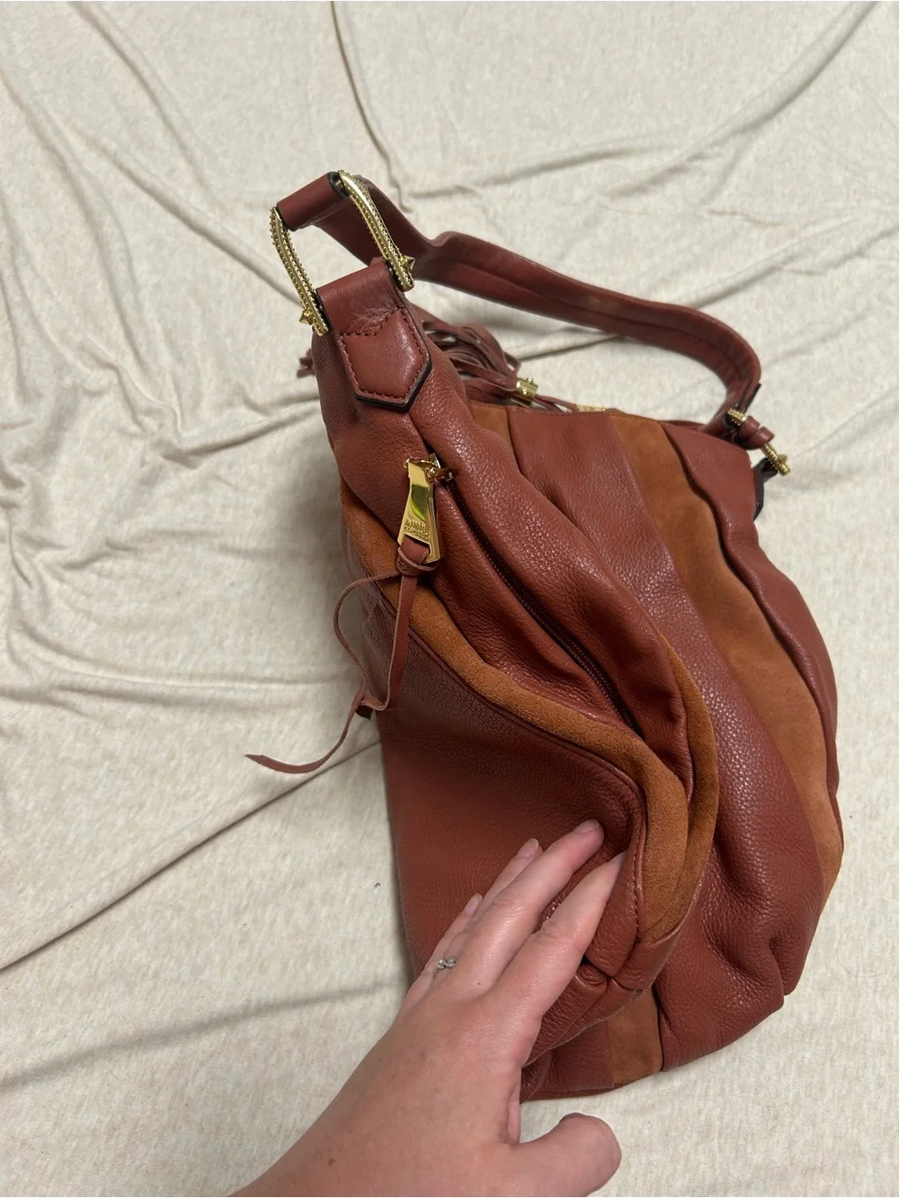 Aimee Kestenberg Tuscany Hobo Purse Bag Slouchy Paneled Suede Pebble Leather